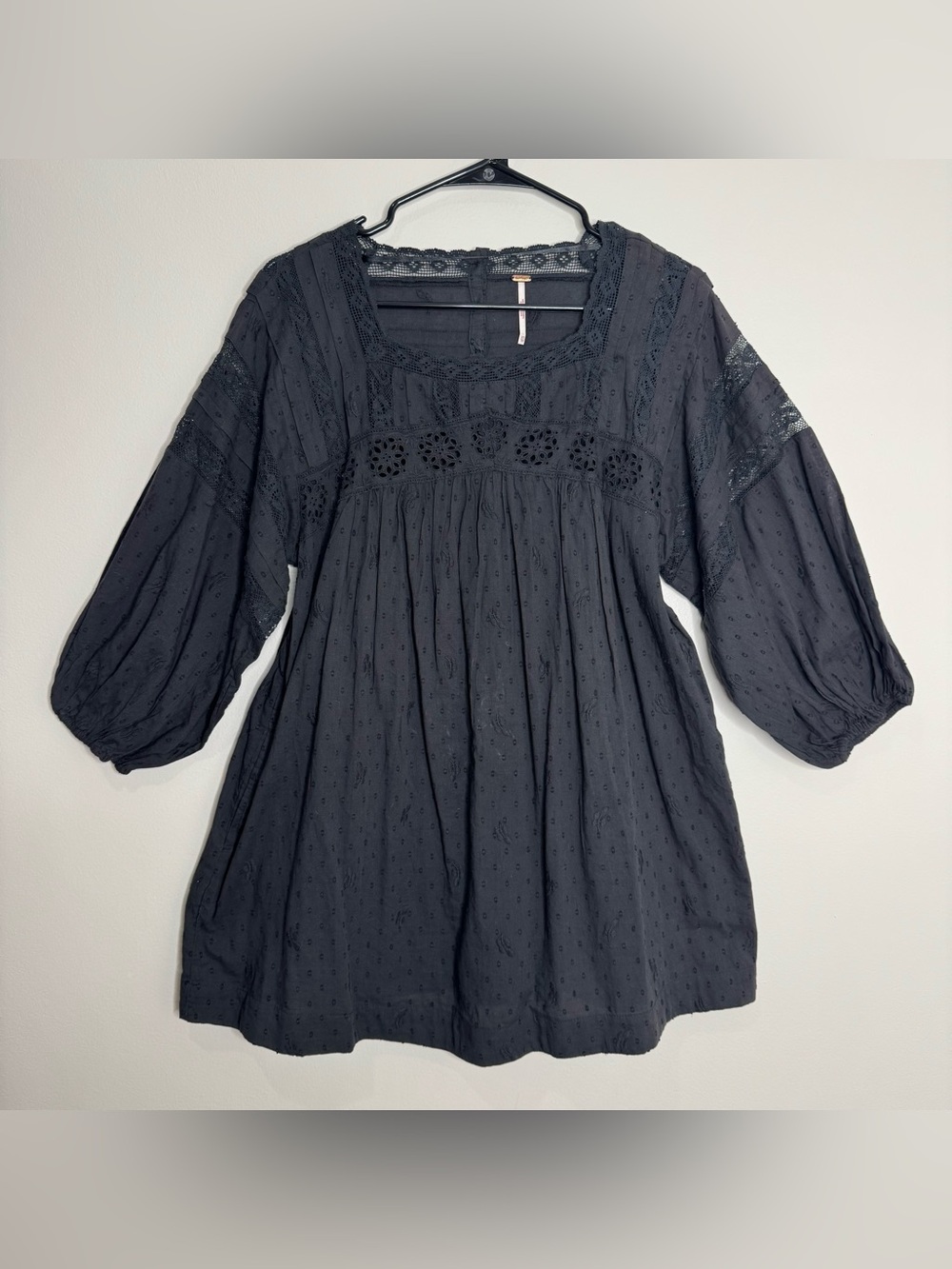 Free People Black Eyelet Peasant Swiss Dot Cotton Boho Mini Dress XS Dark Fairy